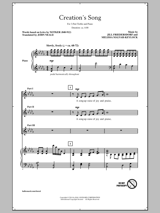 Download Jill Friedersdorf and Melissa Malvar-Keylock Creation's Song Sheet Music and learn how to play 3-Part Treble PDF digital score in minutes