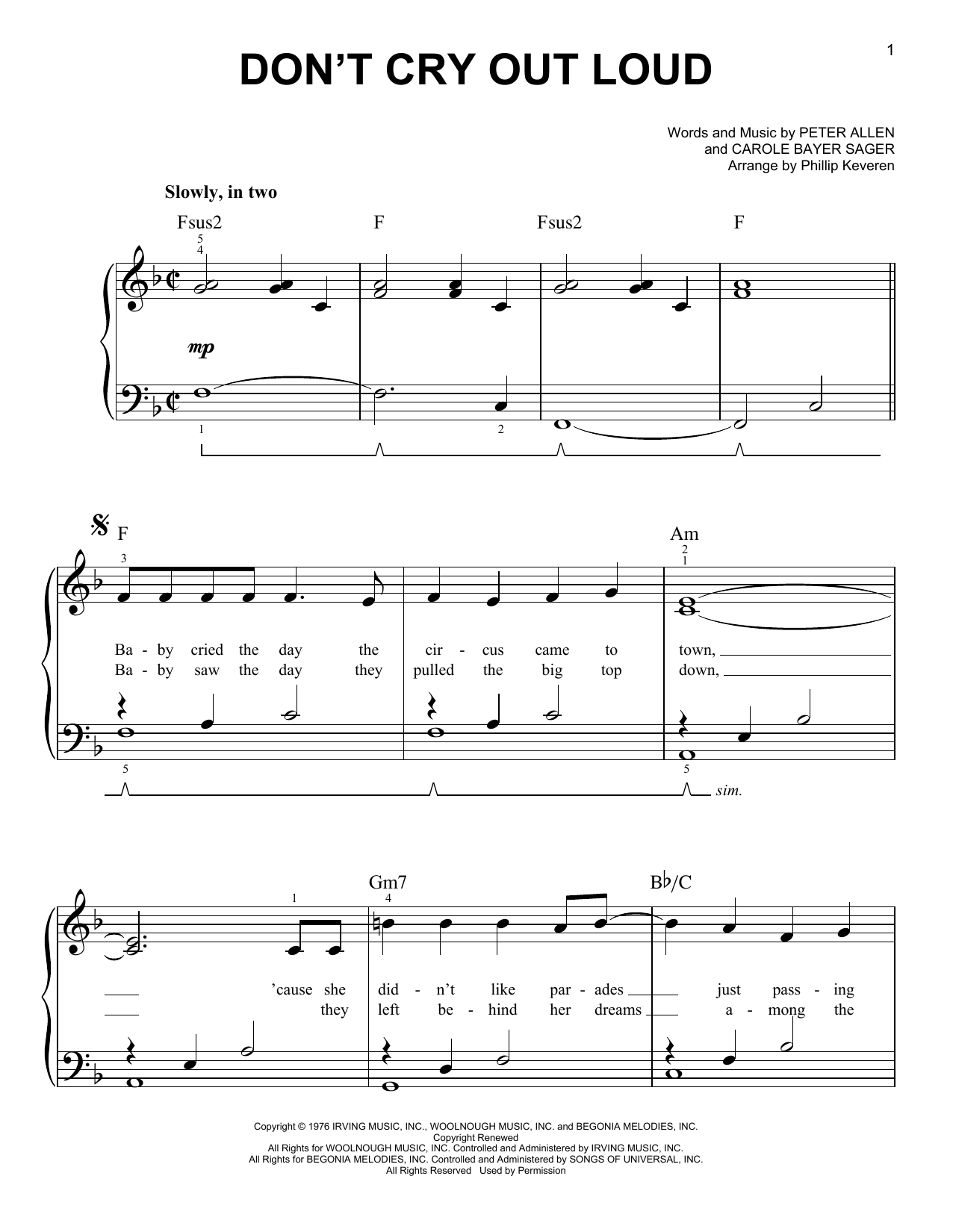 Download Melissa Manchester Don't Cry Out Loud (We Don't Cry Out Loud) (arr. Phillip Keveren) Sheet Music and learn how to play Easy Piano PDF digital score in minutes