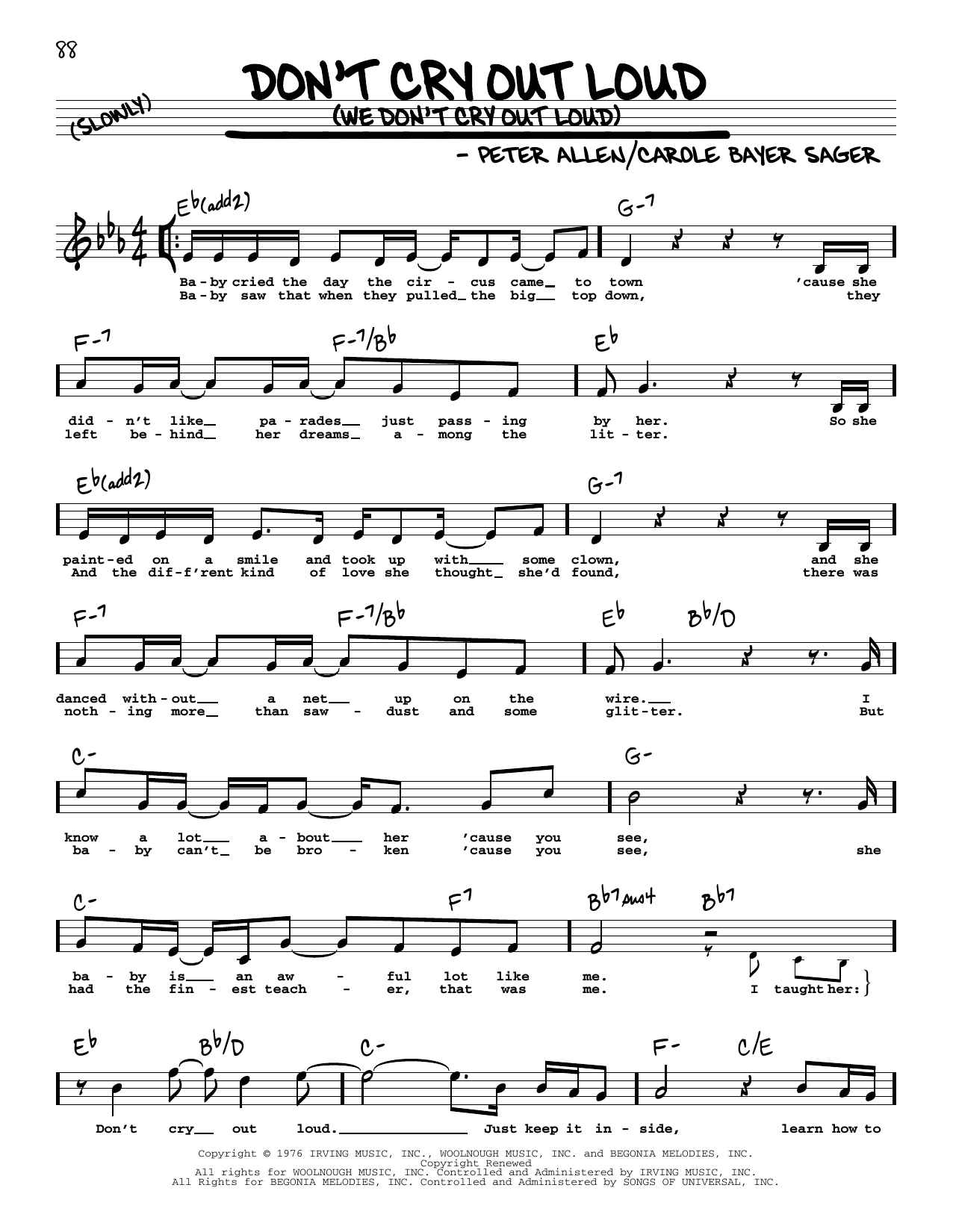 Download Melissa Manchester Don't Cry Out Loud (We Don't Cry Out Loud) (High Voice) Sheet Music and learn how to play Real Book – Melody, Lyrics & Chords PDF digital score in minutes