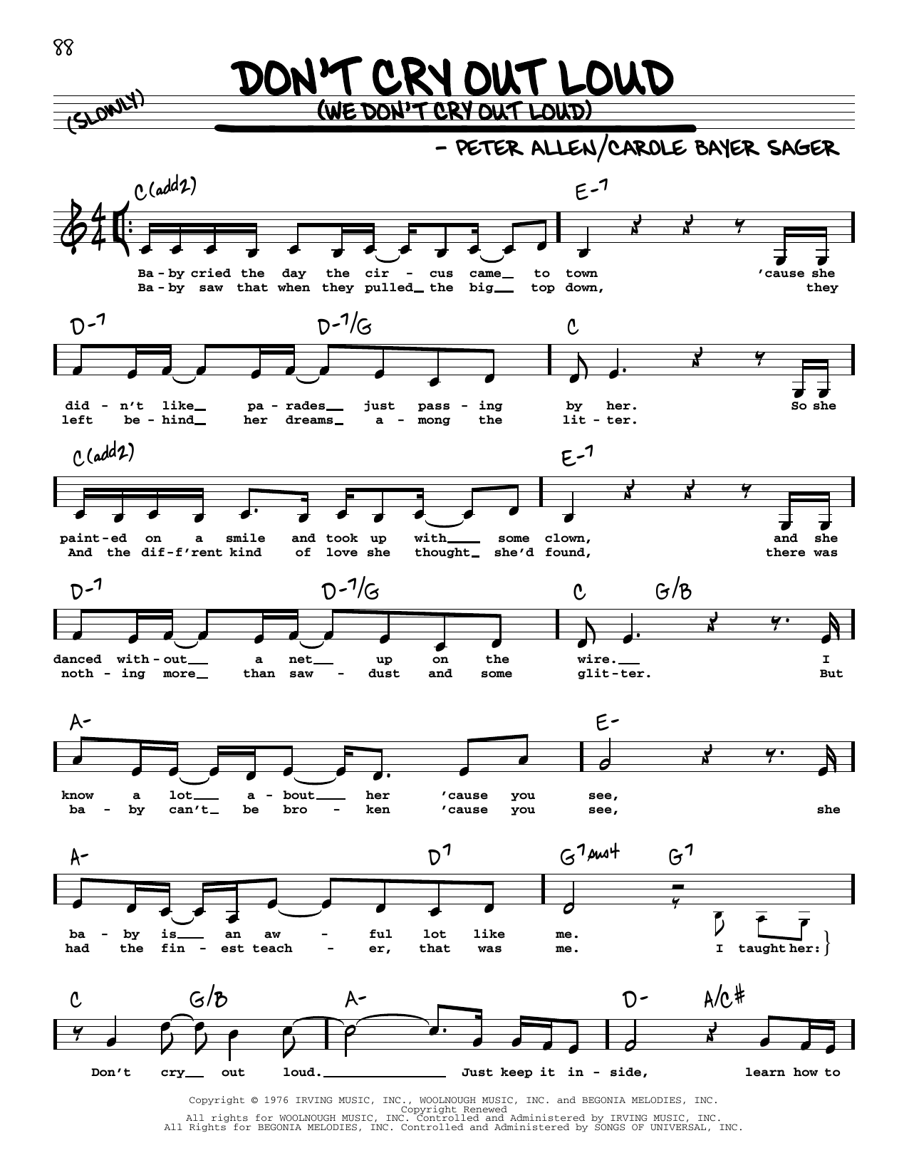 Download Melissa Manchester Don't Cry Out Loud (We Don't Cry Out Loud) (Low Voice) Sheet Music and learn how to play Real Book – Melody, Lyrics & Chords PDF digital score in minutes