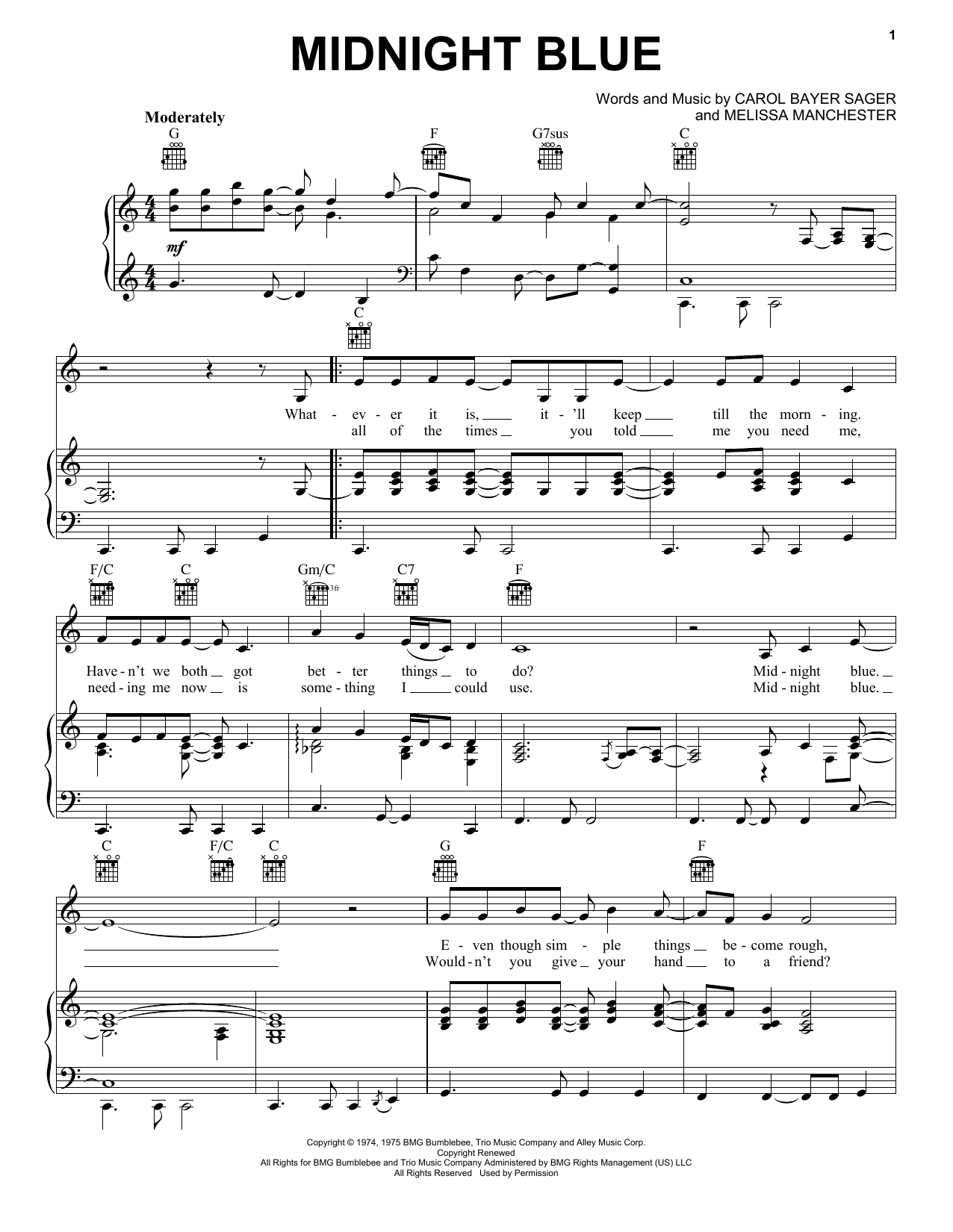 Download Melissa Manchester Midnight Blue Sheet Music and learn how to play Piano, Vocal & Guitar (Right-Hand Melody) PDF digital score in minutes