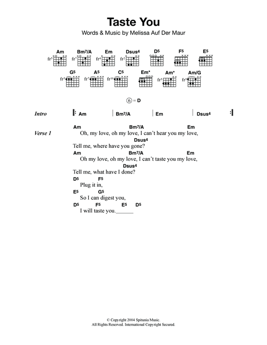 Download Melissa Auf Der Maur Taste You Sheet Music and learn how to play Lyrics & Chords PDF digital score in minutes
