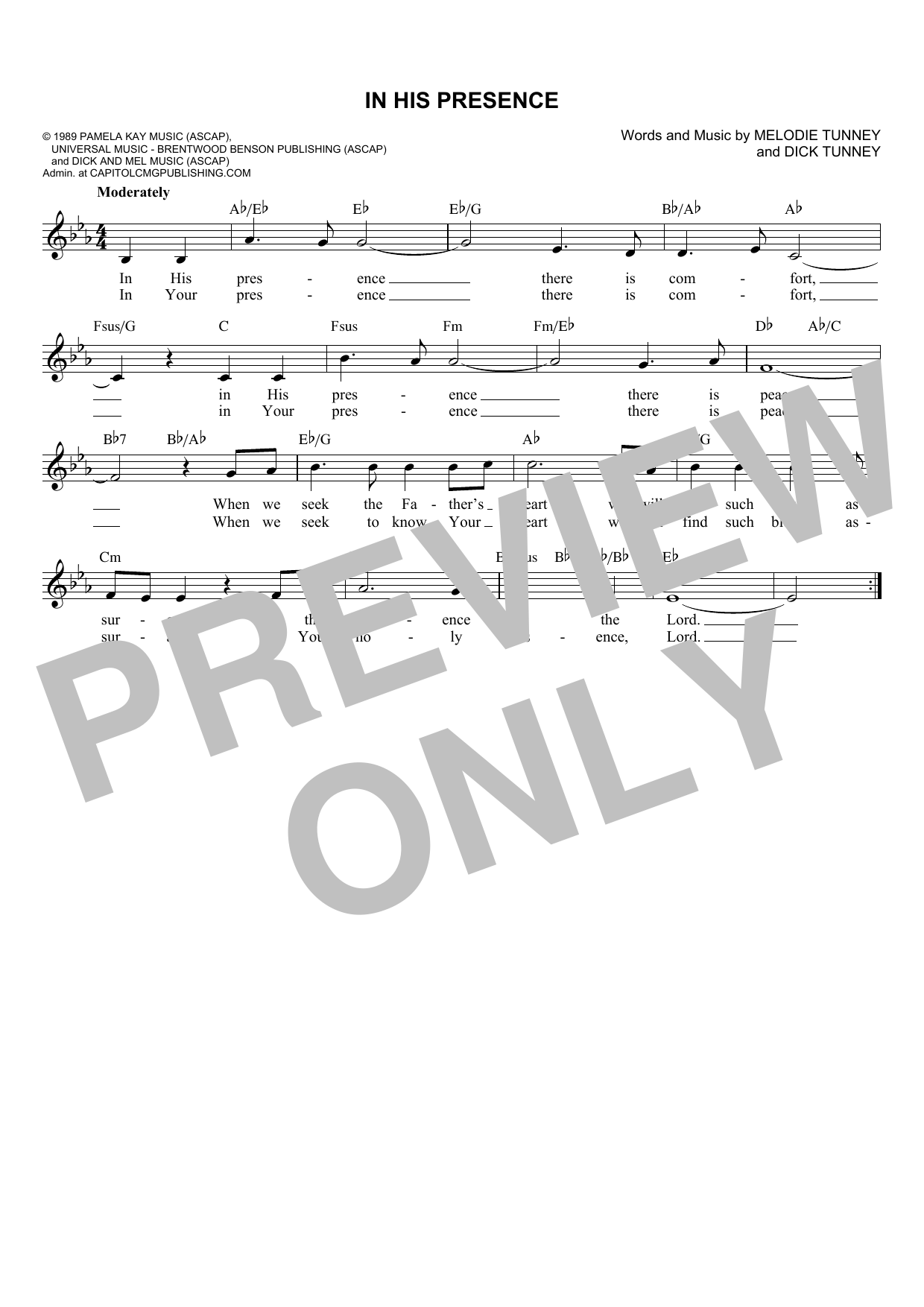 Download Dick & Mel Tunney In His Presence Sheet Music and learn how to play Melody Line, Lyrics & Chords PDF digital score in minutes