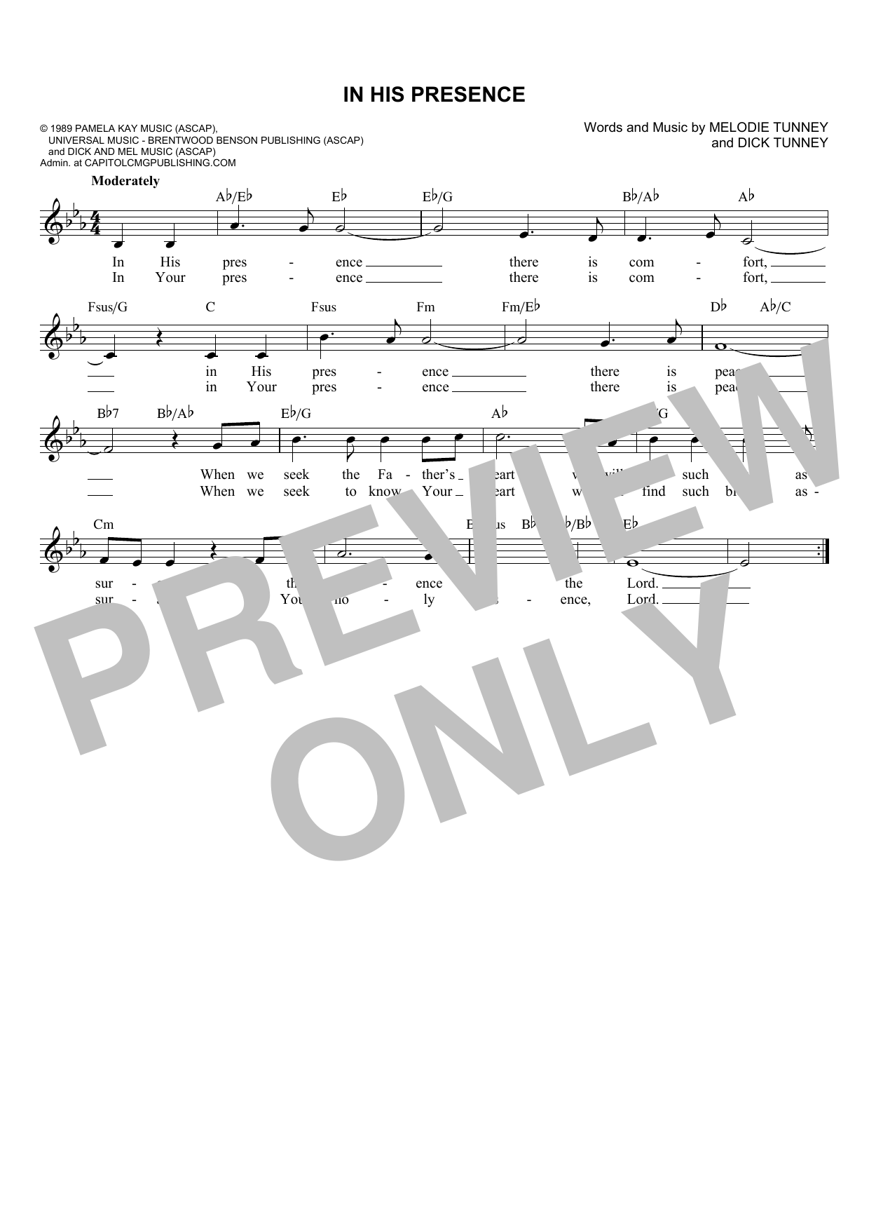 Download Melodie Tunney In His Presence Sheet Music and learn how to play Melody Line, Lyrics & Chords PDF digital score in minutes