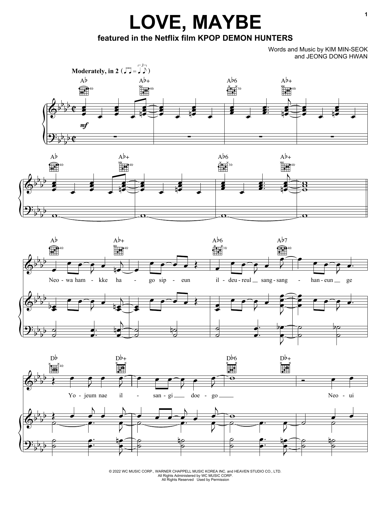 Download MeloMance Love, Maybe (from KPop Demon Hunters) Sheet Music and learn how to play Piano, Vocal & Guitar Chords (Right-Hand Melody) PDF digital score in minutes