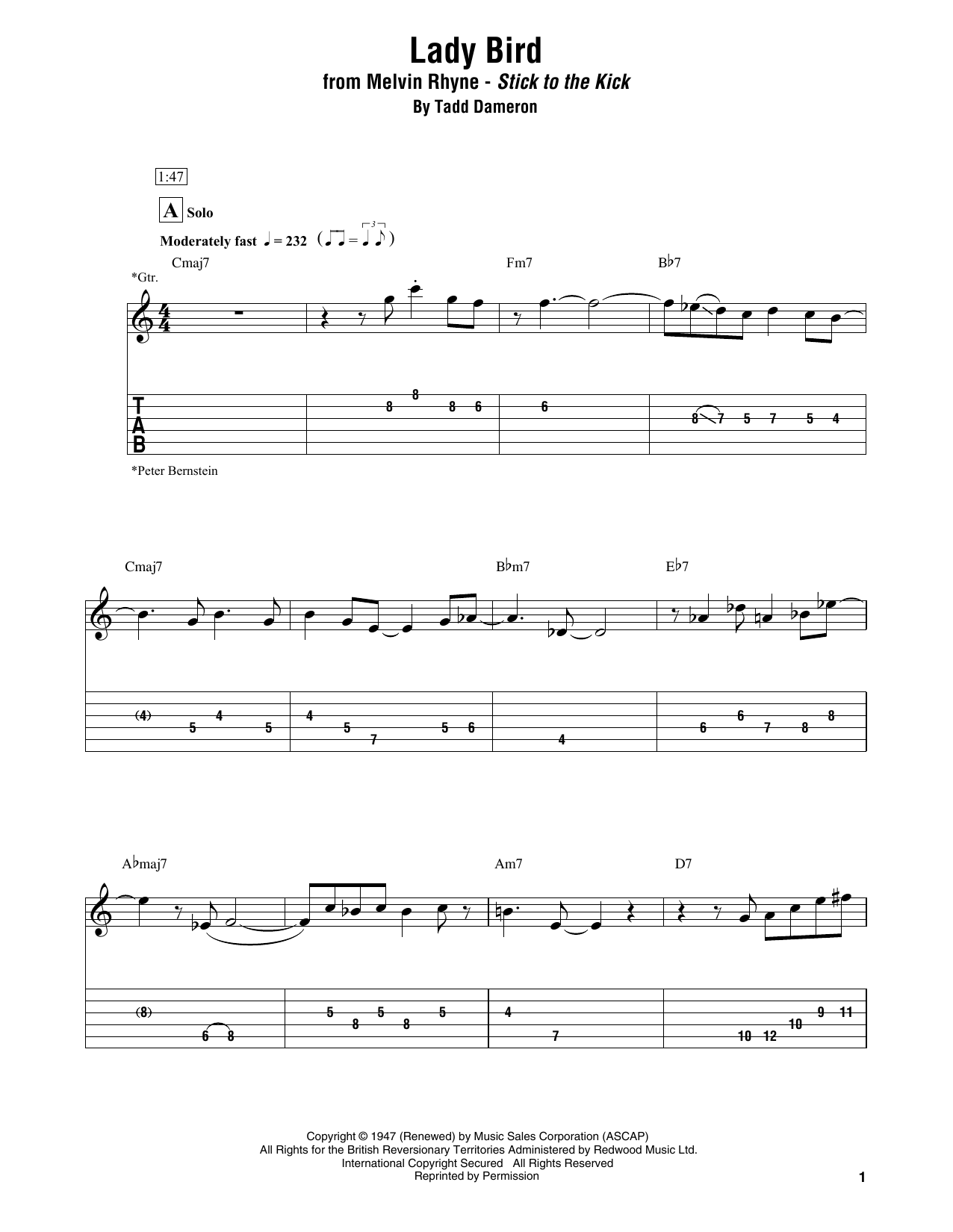 Download Melvin Rhyne Lady Bird Sheet Music and learn how to play Electric Guitar Transcription PDF digital score in minutes