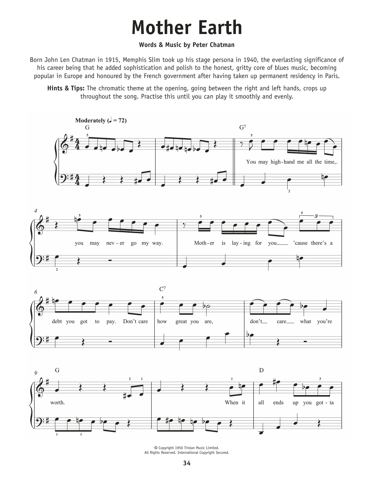Download Memphis Slim Mother Earth (Mother Earth Blues) Sheet Music and learn how to play Really Easy Piano PDF digital score in minutes