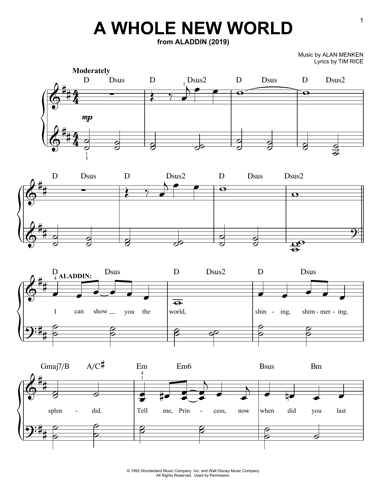 Download Mena Massoud & Naomi Scott A Whole New World (from Disney's Aladdin) Sheet Music and learn how to play Easy Piano PDF digital score in minutes