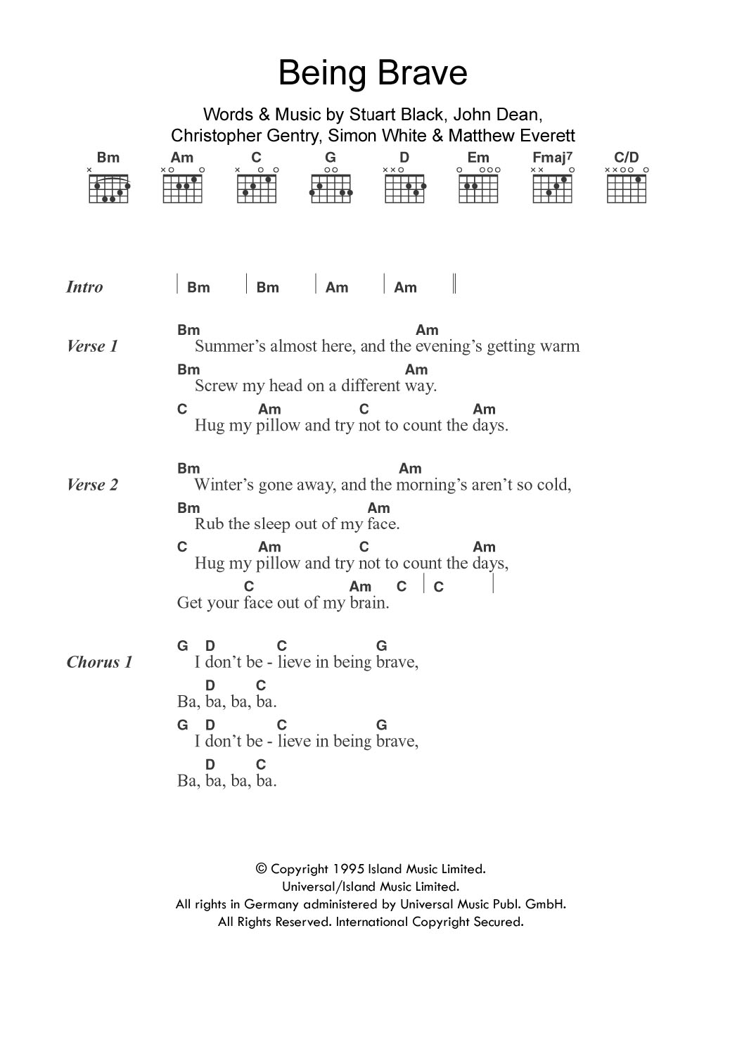 Download Menswear Being Brave Sheet Music and learn how to play Lyrics & Chords PDF digital score in minutes