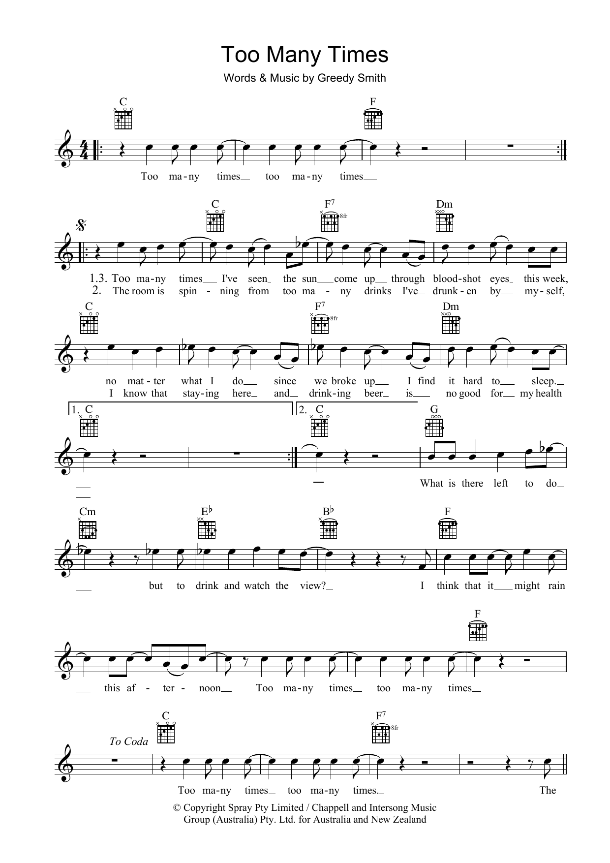 Download Mental As Anything Too Many Times Sheet Music and learn how to play Melody Line, Lyrics & Chords PDF digital score in minutes