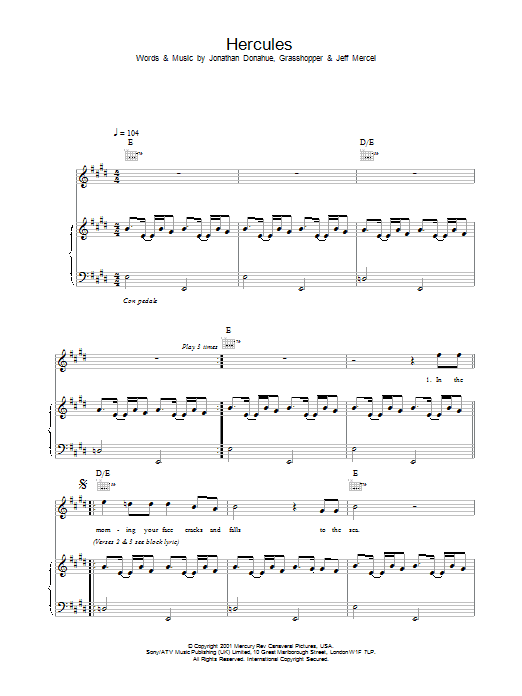 Download Mercury Rev Hercules Sheet Music and learn how to play Piano, Vocal & Guitar PDF digital score in minutes