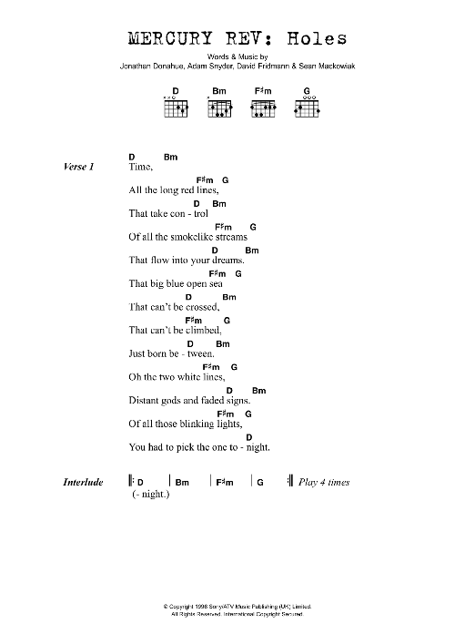 Download Mercury Rev Holes Sheet Music and learn how to play Lyrics & Chords PDF digital score in minutes