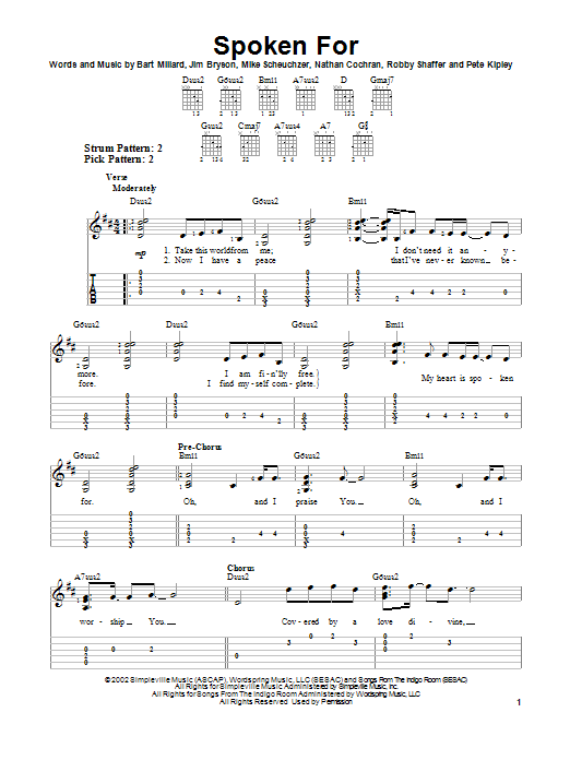 Download Mercy Me Spoken For Sheet Music and learn how to play Easy Guitar Tab PDF digital score in minutes