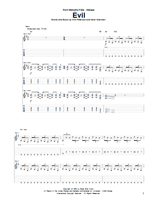 Download Mercyful Fate Evil Sheet Music and learn how to play Guitar Tab PDF digital score in minutes
