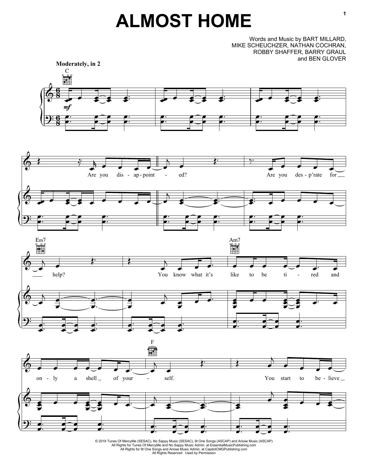 Download MercyMe Almost Home Sheet Music and learn how to play Piano, Vocal & Guitar Chords (Right-Hand Melody) PDF digital score in minutes