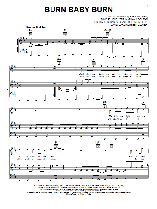 Download MercyMe Burn Baby Burn Sheet Music and learn how to play Piano, Vocal & Guitar (Right-Hand Melody) PDF digital score in minutes