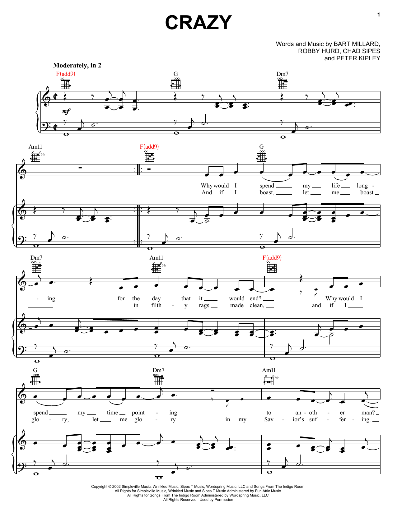 Download MercyMe Crazy Sheet Music and learn how to play Piano, Vocal & Guitar Chords (Right-Hand Melody) PDF digital score in minutes
