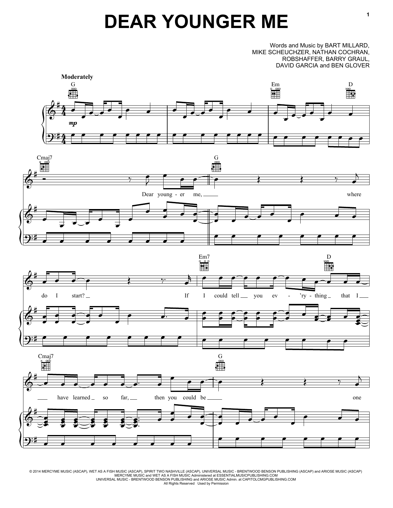Download MercyMe Dear Younger Me Sheet Music and learn how to play Piano, Vocal & Guitar (Right-Hand Melody) PDF digital score in minutes
