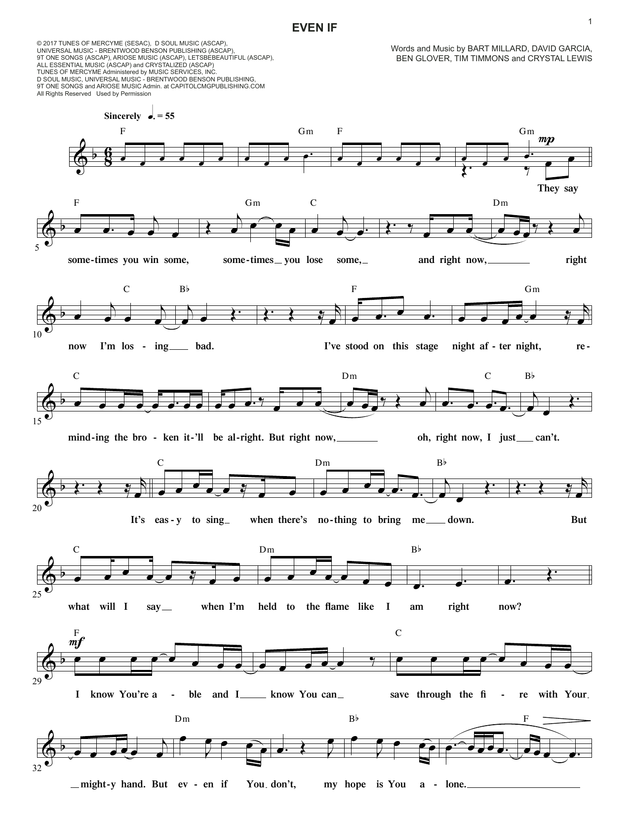 Download MercyMe Even If Sheet Music and learn how to play Melody Line, Lyrics & Chords PDF digital score in minutes