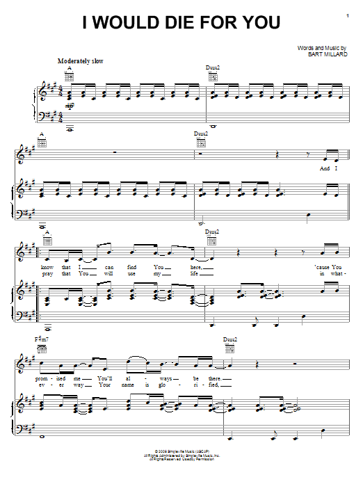 Download MercyMe I Would Die For You Sheet Music and learn how to play Piano, Vocal & Guitar (Right-Hand Melody) PDF digital score in minutes