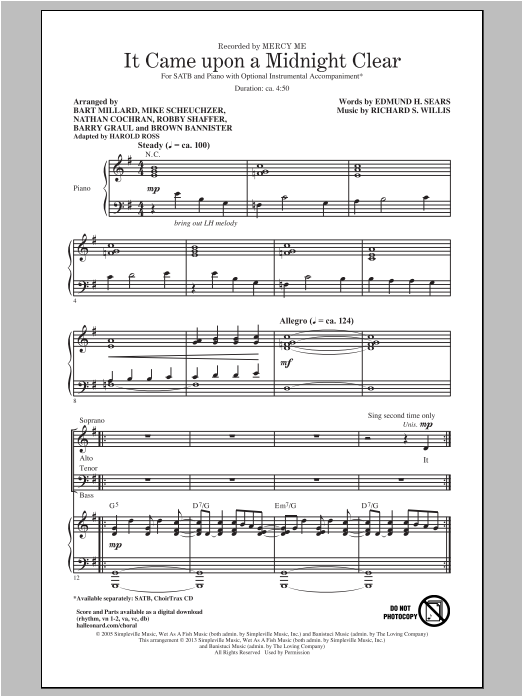 Download MercyMe It Came Upon A Midnight Clear (arr. Harold Ross) Sheet Music and learn how to play SATB PDF digital score in minutes