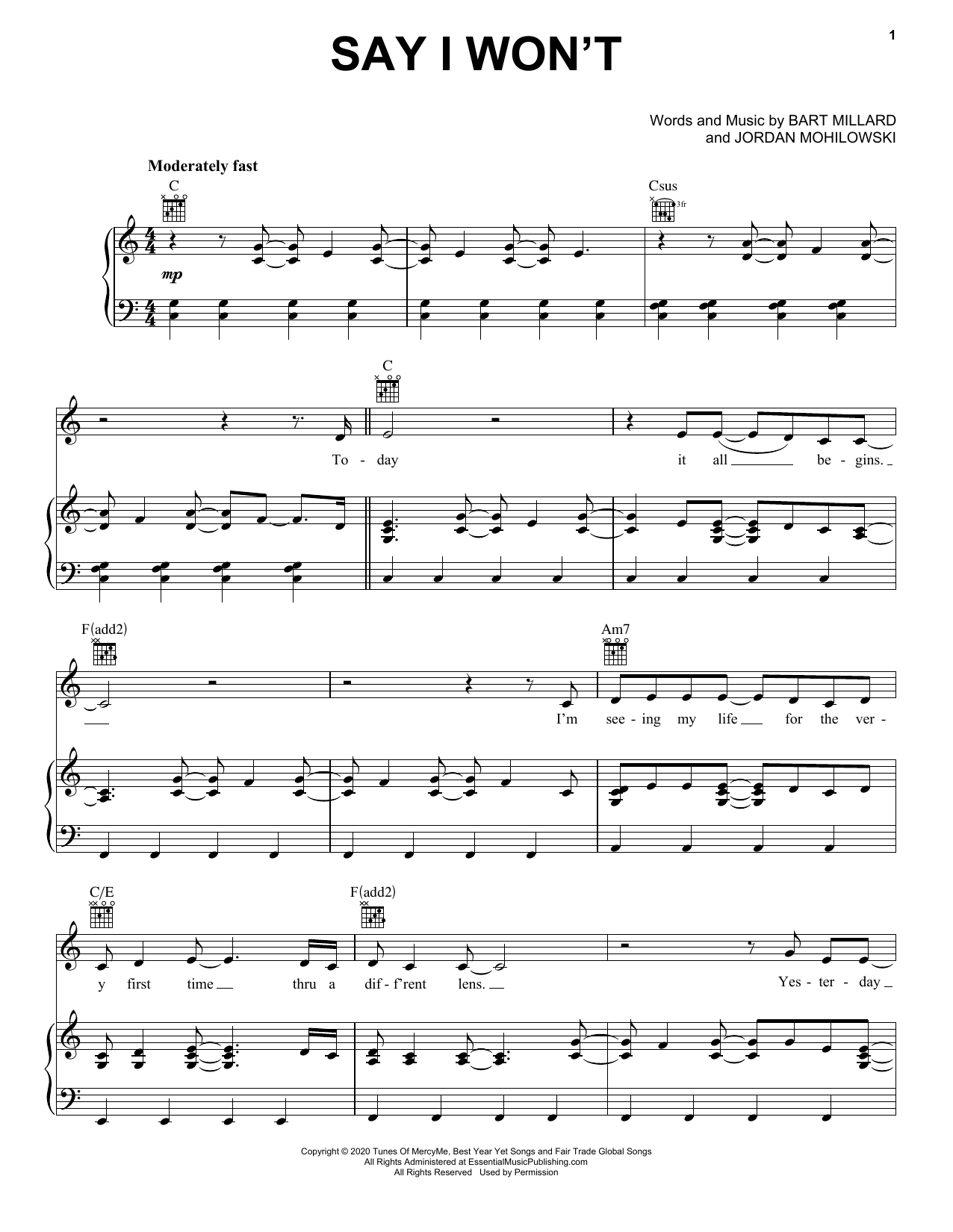 Download MercyMe Say I Won't Sheet Music and learn how to play Piano, Vocal & Guitar Chords (Right-Hand Melody) PDF digital score in minutes