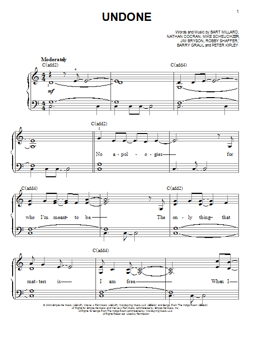 Download MercyMe Undone Sheet Music and learn how to play Piano, Vocal & Guitar (Right-Hand Melody) PDF digital score in minutes