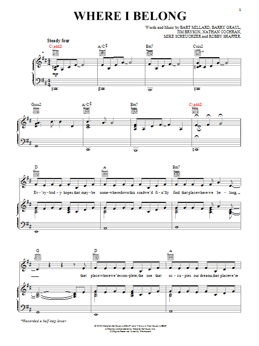 Download MercyMe Where I Belong Sheet Music and learn how to play Piano, Vocal & Guitar (Right-Hand Melody) PDF digital score in minutes