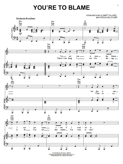 Download MercyMe You're To Blame Sheet Music and learn how to play Piano, Vocal & Guitar (Right-Hand Melody) PDF digital score in minutes