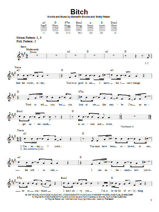 Download Meredith Brooks Bitch Sheet Music and learn how to play Easy Guitar PDF digital score in minutes