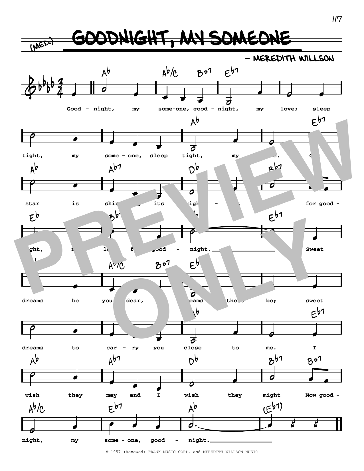 Download Meredith Willson Goodnight, My Someone (Low Voice) Sheet Music and learn how to play Real Book – Melody, Lyrics & Chords PDF digital score in minutes