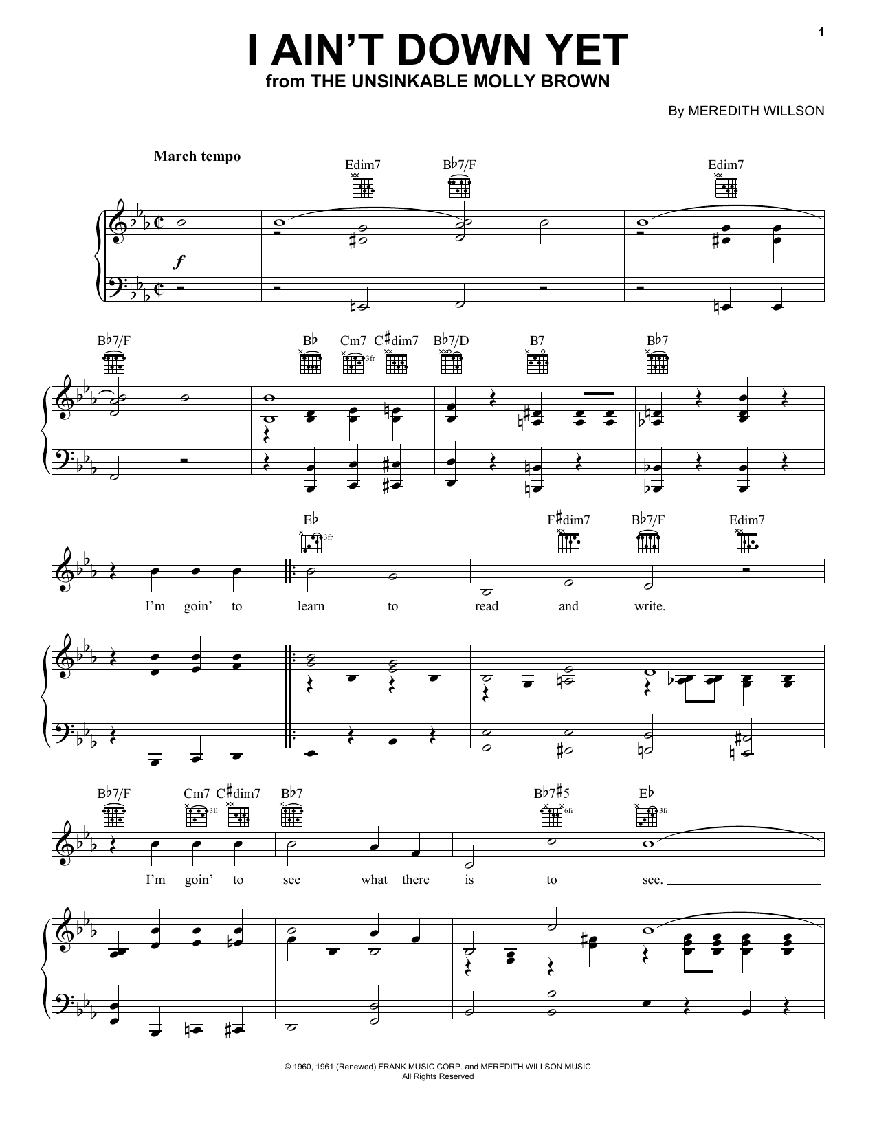 Download Meredith Willson I Ain't Down Yet Sheet Music and learn how to play Melody Line, Lyrics & Chords PDF digital score in minutes