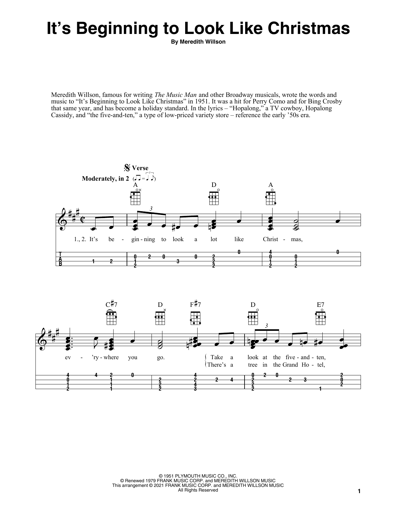 Download Meredith Willson It's Beginning To Look Like Christmas (arr. Fred Sokolow) Sheet Music and learn how to play Ukulele PDF digital score in minutes