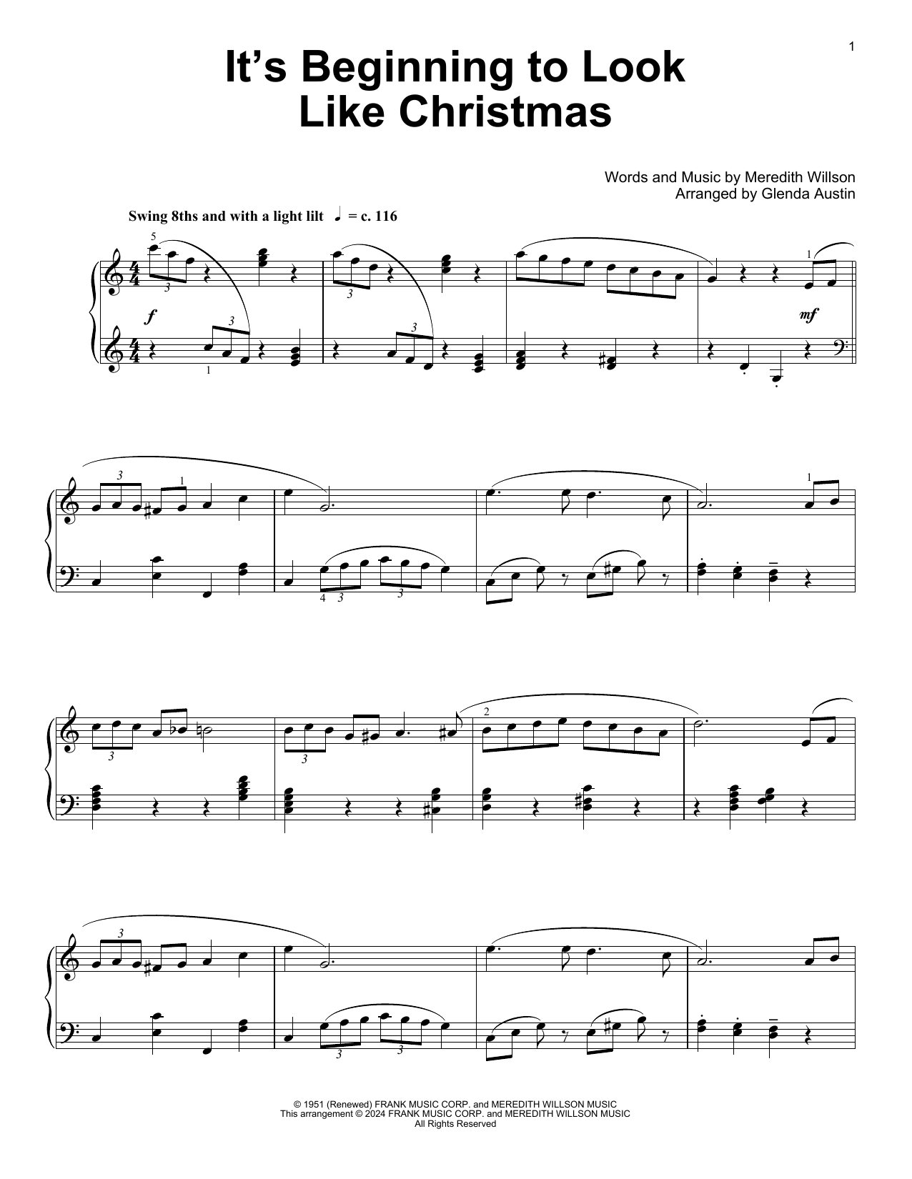 Download Meredith Willson It's Beginning To Look Like Christmas (arr. Glenda Austin) Sheet Music and learn how to play Educational Piano PDF digital score in minutes