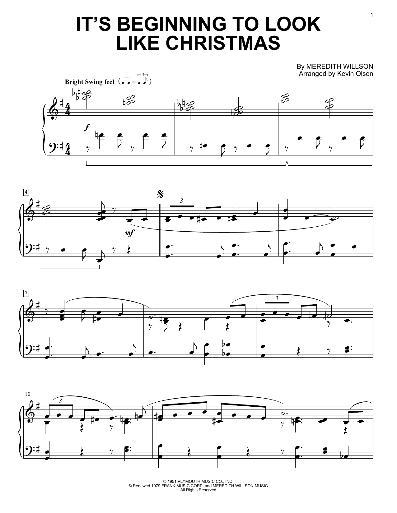 Download Meredith Willson It's Beginning To Look Like Christmas (arr. Kevin Olson) Sheet Music and learn how to play Easy Piano Solo PDF digital score in minutes