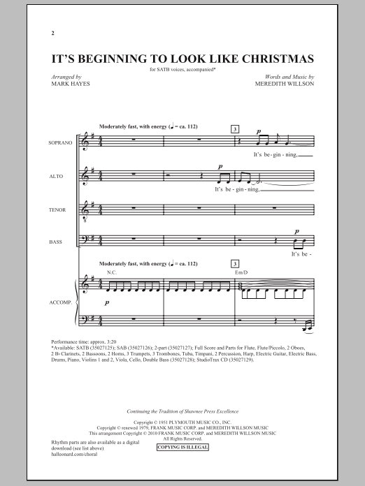 Download Meredith Willson It's Beginning To Look Like Christmas (arr. Mark Hayes) Sheet Music and learn how to play 2-Part Choir PDF digital score in minutes