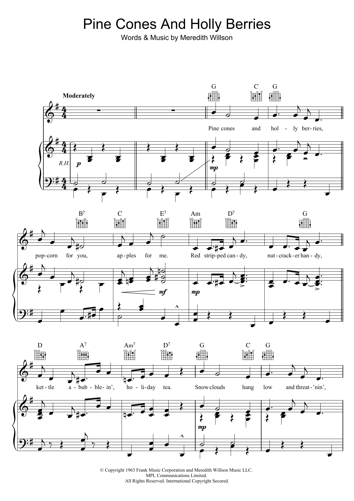 Download Meredith Willson Pine Cones And Holly Berries Sheet Music and learn how to play Piano, Vocal & Guitar (Right-Hand Melody) PDF digital score in minutes
