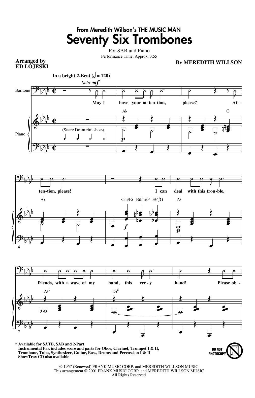 Download Meredith Willson Seventy Six Trombones (arr. Ed Lojeski) Sheet Music and learn how to play 2-Part Choir PDF digital score in minutes