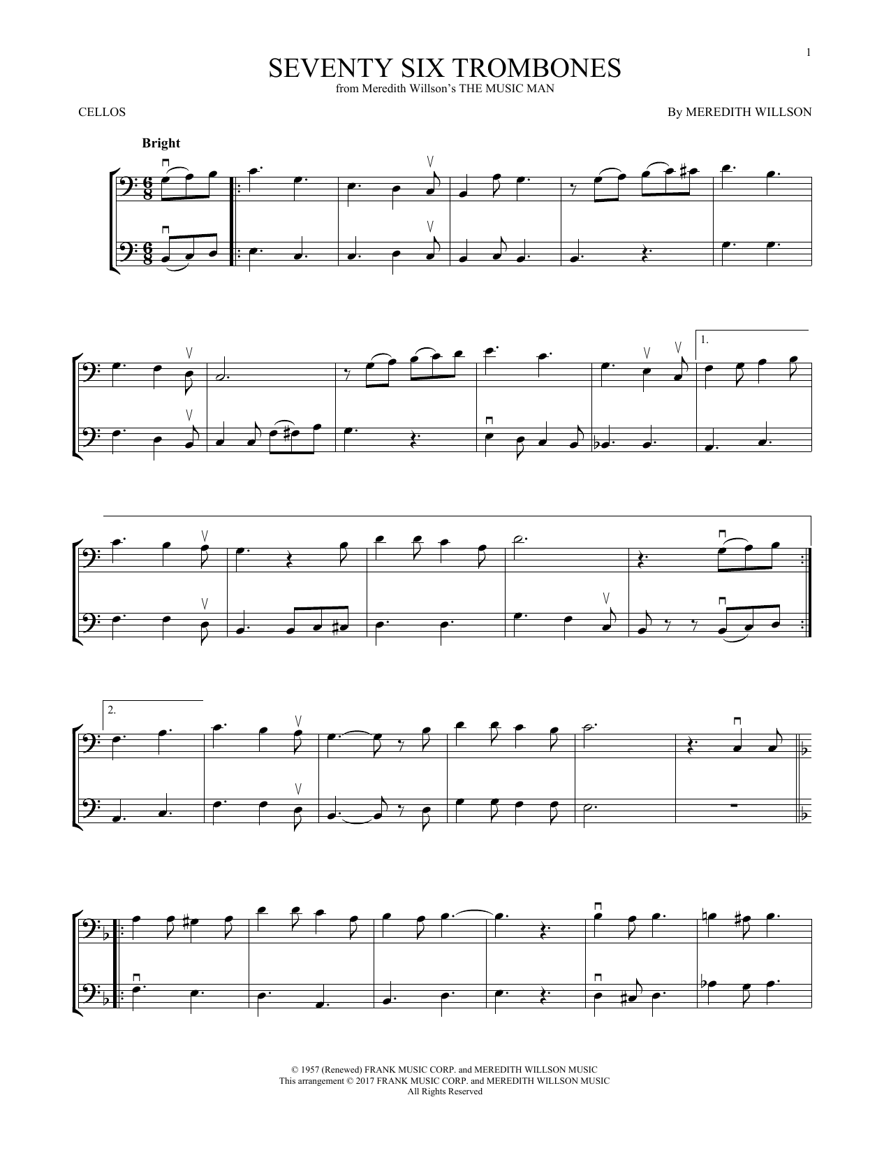 Download Meredith Willson Seventy Six Trombones (from The Music Man) Sheet Music and learn how to play Cello Duet PDF digital score in minutes