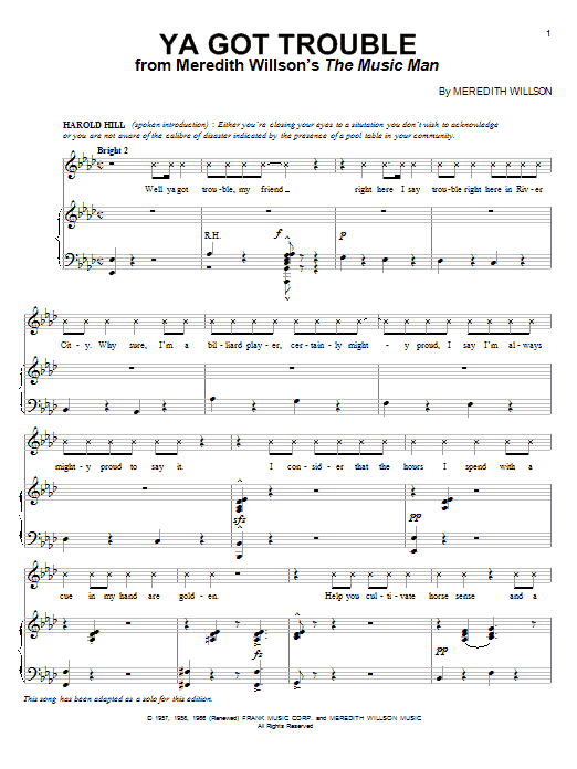 Download Meredith Willson Ya Got Trouble Sheet Music and learn how to play Piano, Vocal & Guitar (Right-Hand Melody) PDF digital score in minutes