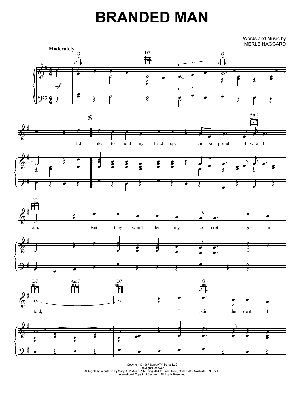 Download Merle Haggard Branded Man Sheet Music and learn how to play Lyrics & Chords PDF digital score in minutes
