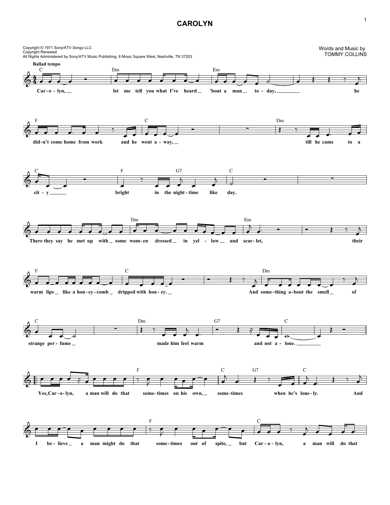 Download Merle Haggard Carolyn Sheet Music and learn how to play Melody Line, Lyrics & Chords PDF digital score in minutes