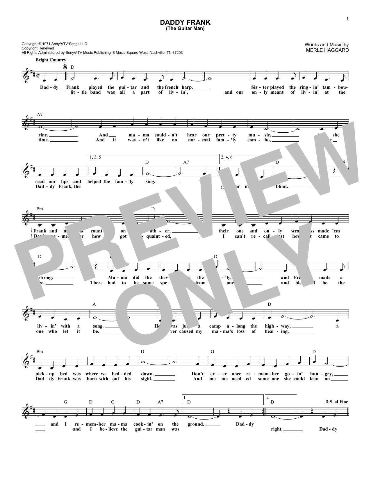 Download Merle Haggard Daddy Frank (The Guitar Man) Sheet Music and learn how to play Melody Line, Lyrics & Chords PDF digital score in minutes