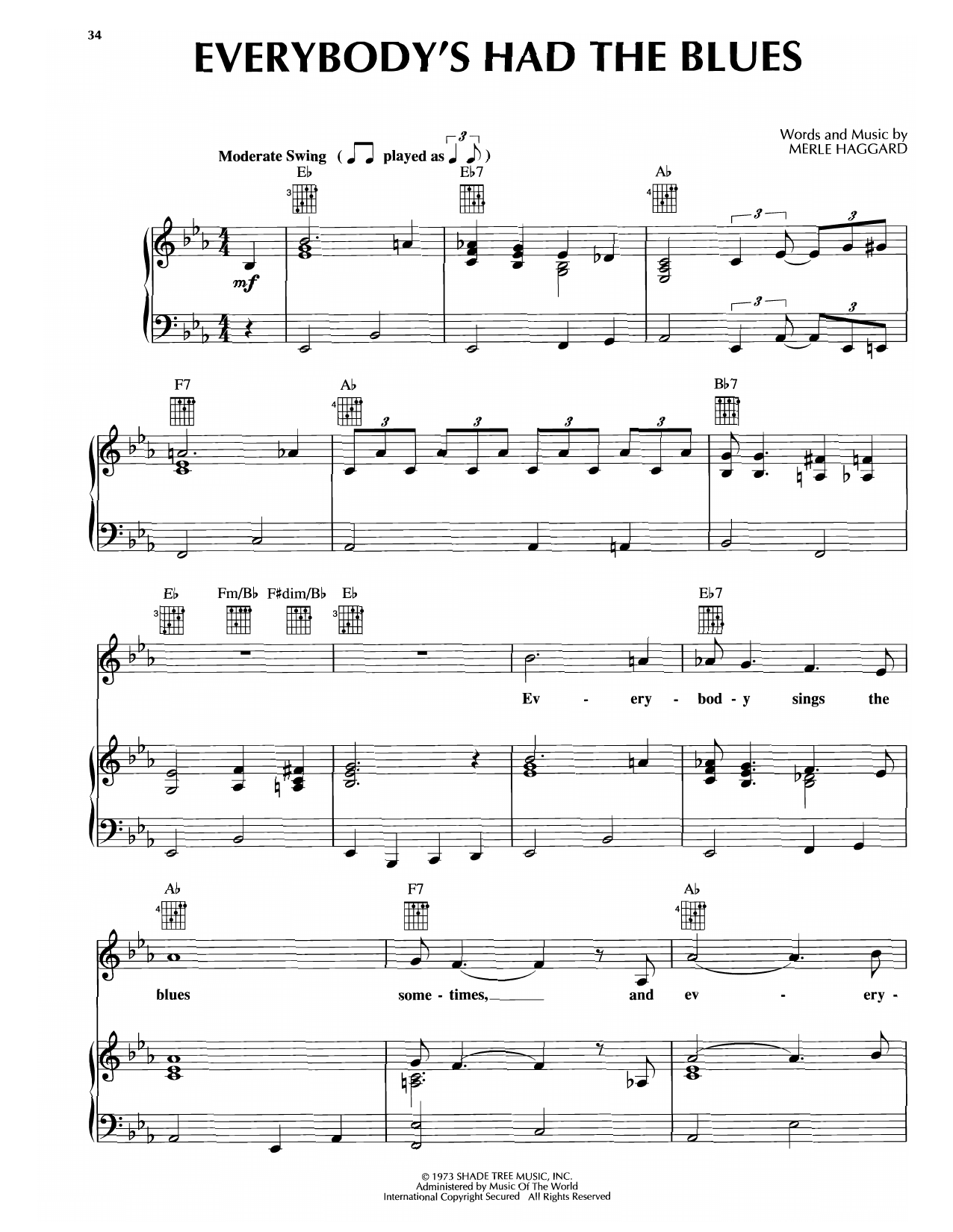 Download Merle Haggard Everybody's Had The Blues Sheet Music and learn how to play Piano, Vocal & Guitar Chords (Right-Hand Melody) PDF digital score in minutes