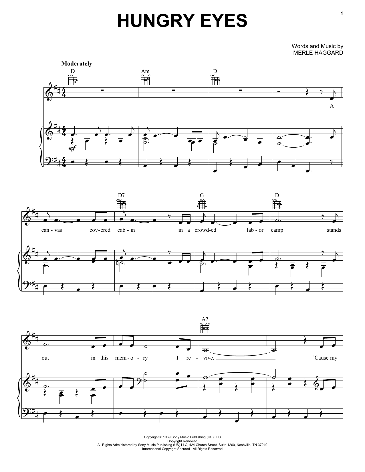 Download Merle Haggard Hungry Eyes Sheet Music and learn how to play Piano, Vocal & Guitar Chords (Right-Hand Melody) PDF digital score in minutes