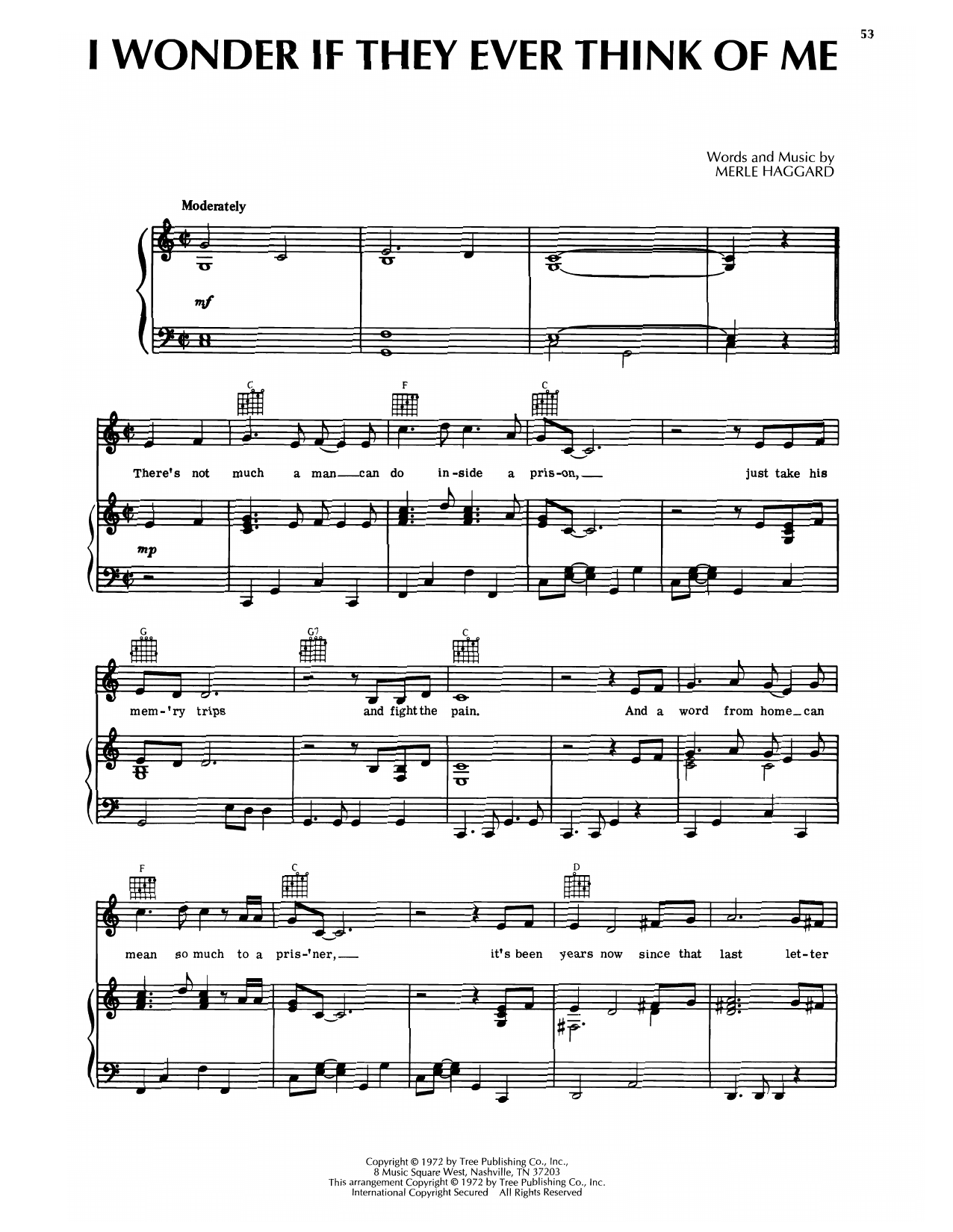 Download Merle Haggard I Wonder If They Ever Think Of Me Sheet Music and learn how to play Piano, Vocal & Guitar Chords (Right-Hand Melody) PDF digital score in minutes