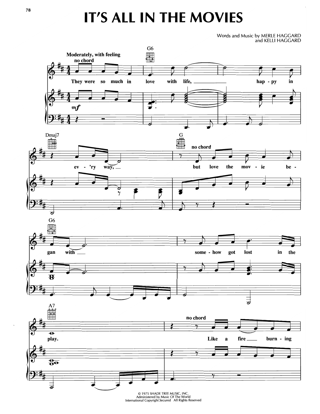 Download Merle Haggard It's All In The Movies Sheet Music and learn how to play Piano, Vocal & Guitar Chords (Right-Hand Melody) PDF digital score in minutes