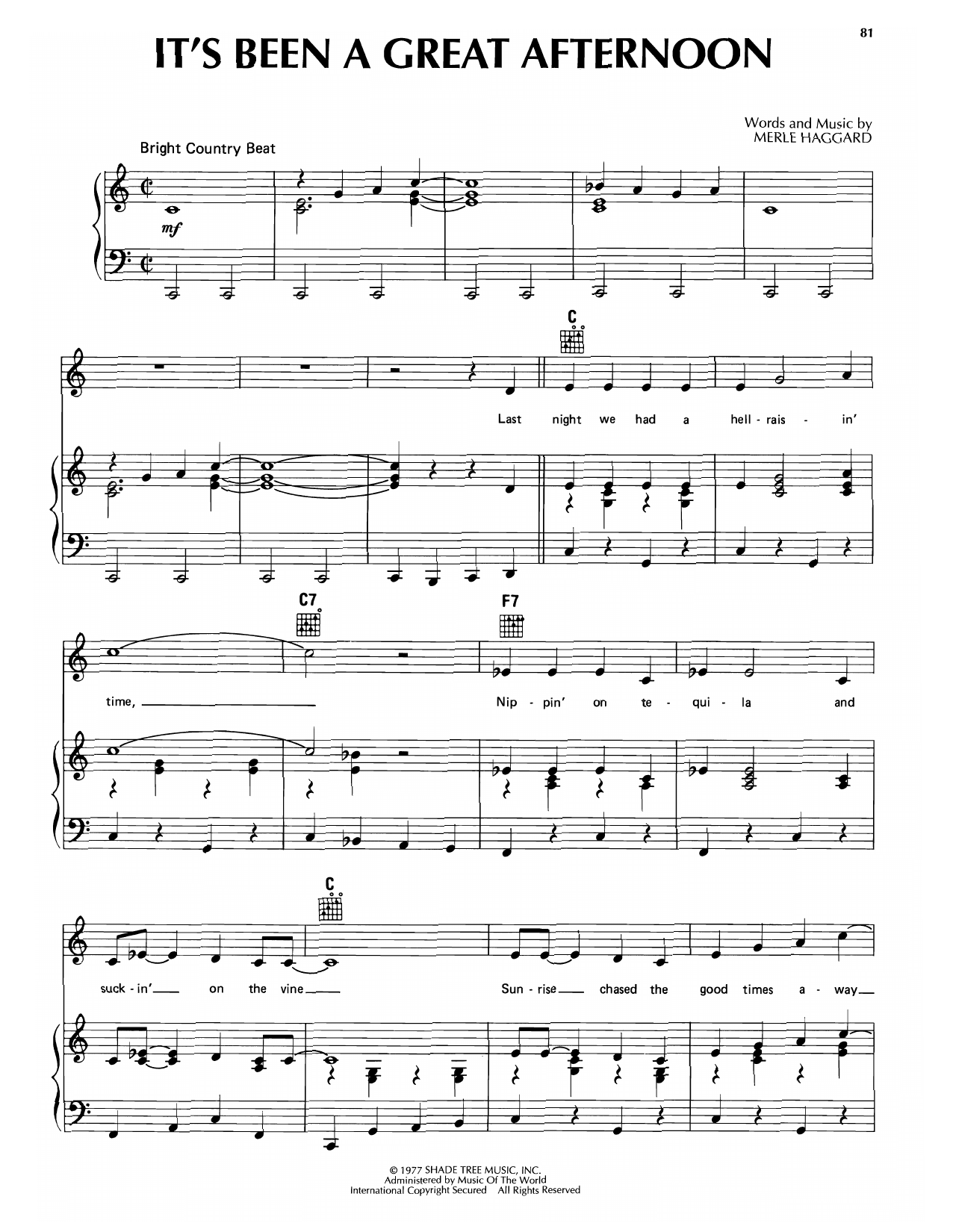 Download Merle Haggard It's Been A Great Afternoon Sheet Music and learn how to play Piano, Vocal & Guitar Chords (Right-Hand Melody) PDF digital score in minutes