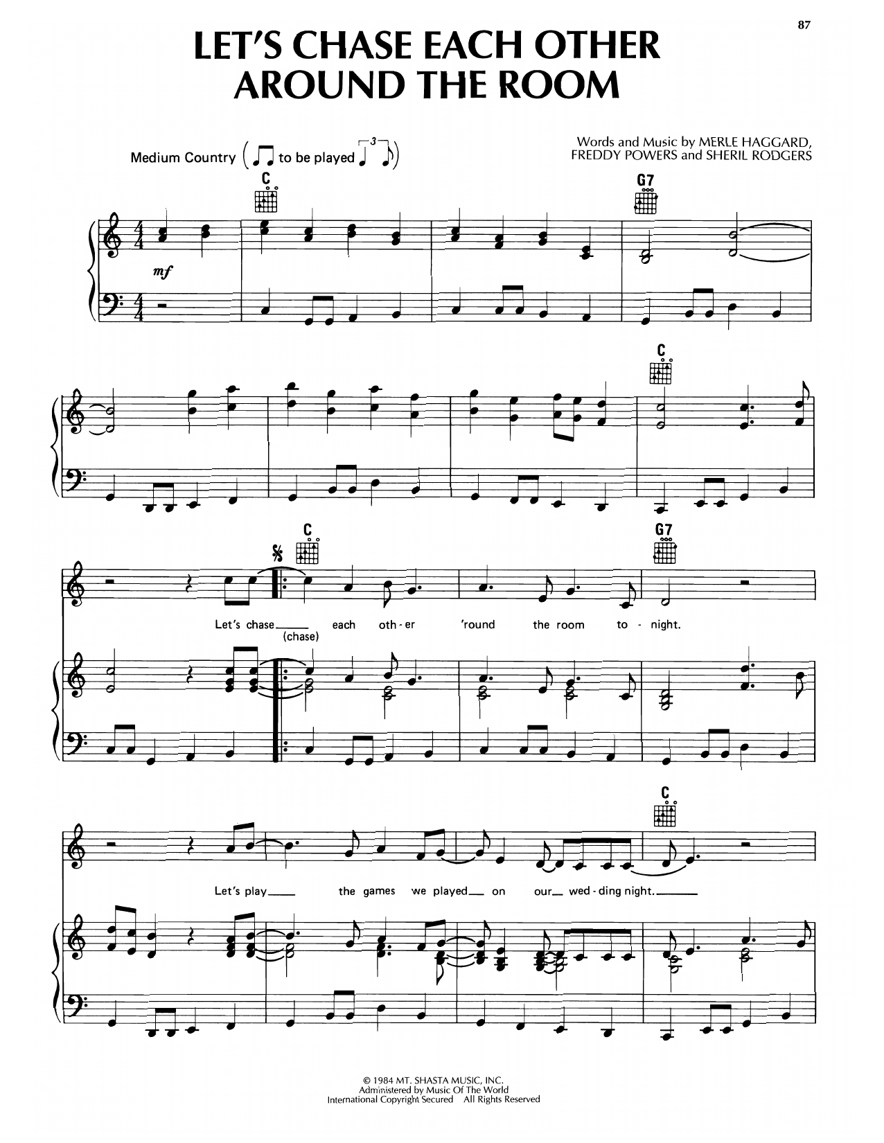 Download Merle Haggard Let's Chase Each Other Around The Room Sheet Music and learn how to play Piano, Vocal & Guitar Chords (Right-Hand Melody) PDF digital score in minutes