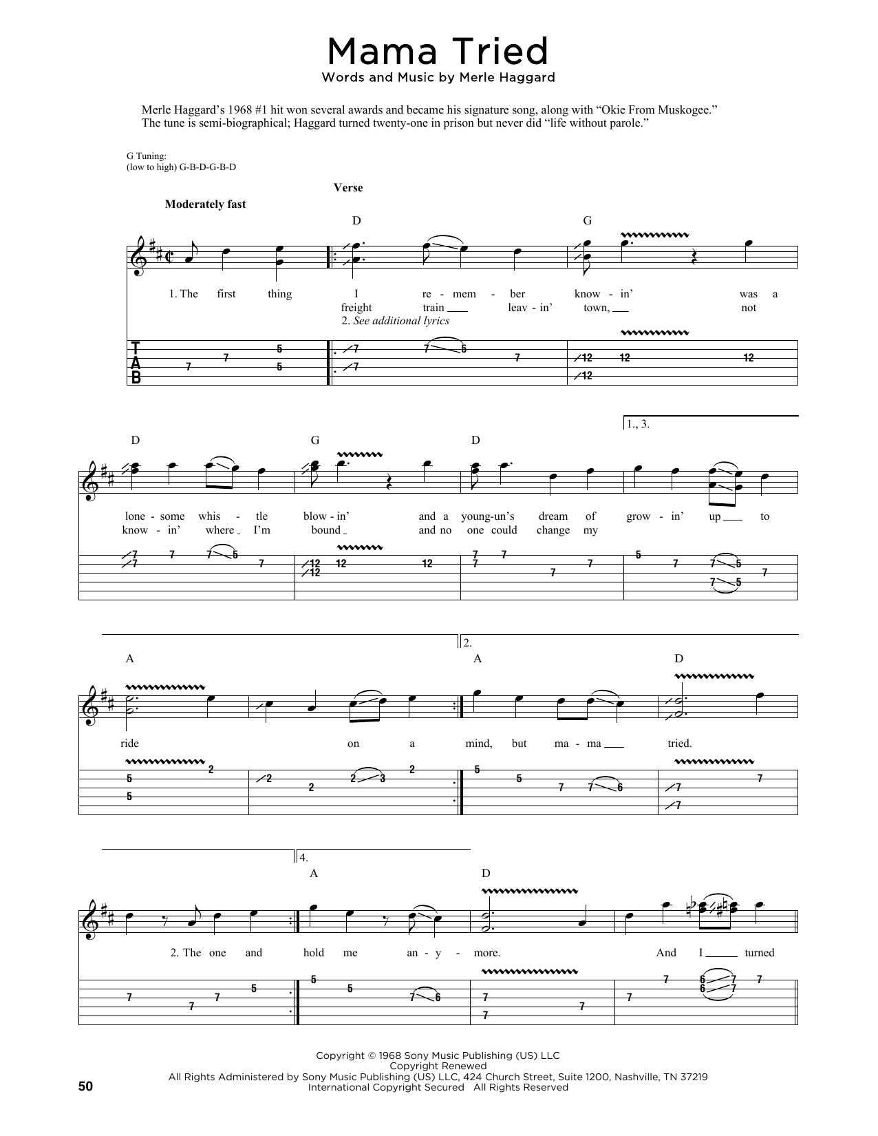 Download Merle Haggard Mama Tried (arr. Fred Sokolow) Sheet Music and learn how to play Banjo Tab PDF digital score in minutes